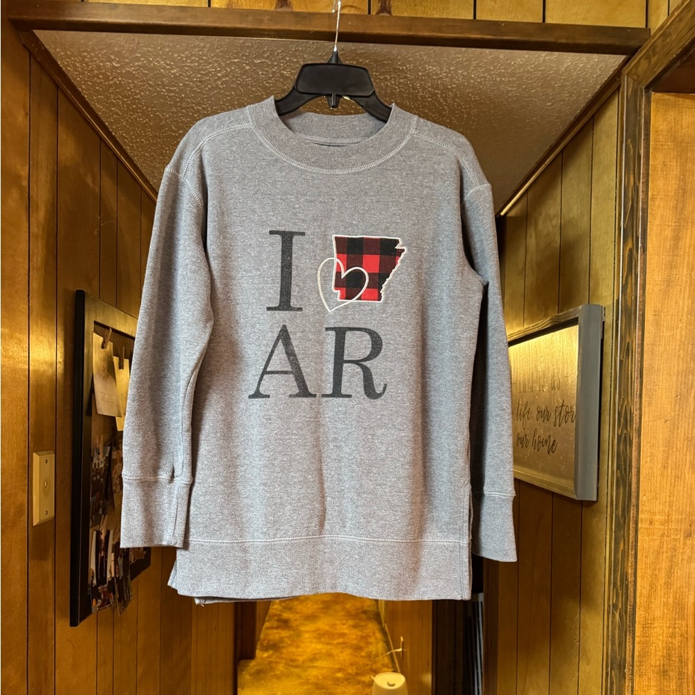 Maurices Gray Crewneck Sweatshirt with Buffalo Plaid Arkansas Heart